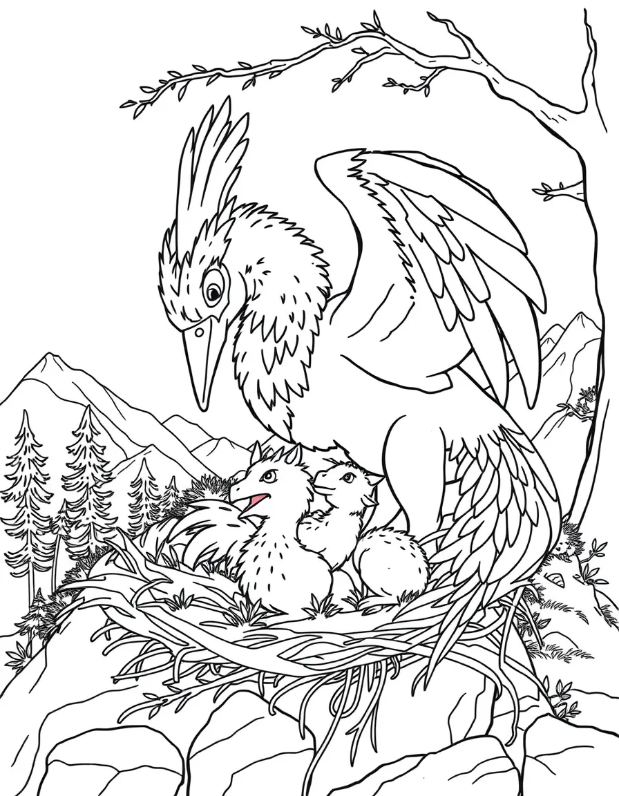 A hippogriff caring for its young in a mountain nest