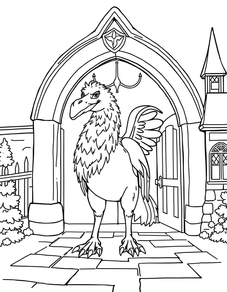 A hippogriff standing guard at a magical school entrance