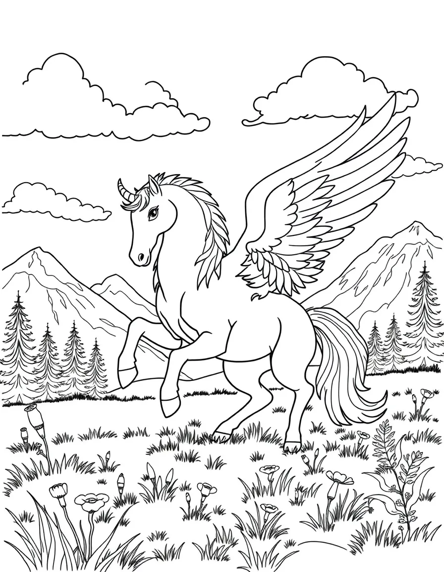 A hippogriff playing with a griffin in a mountain meadow