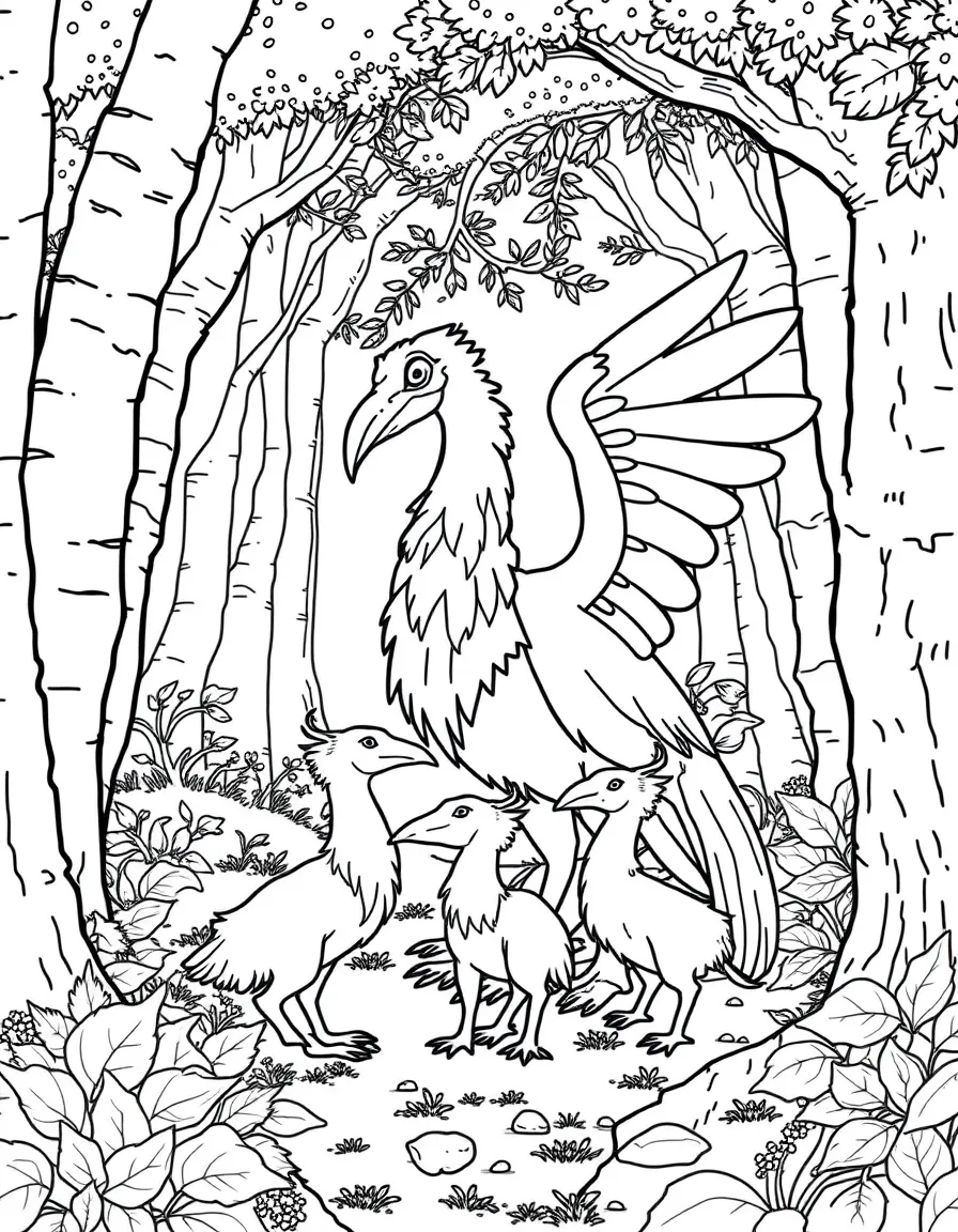 A hippogriff family - parents and young - in their forest territory