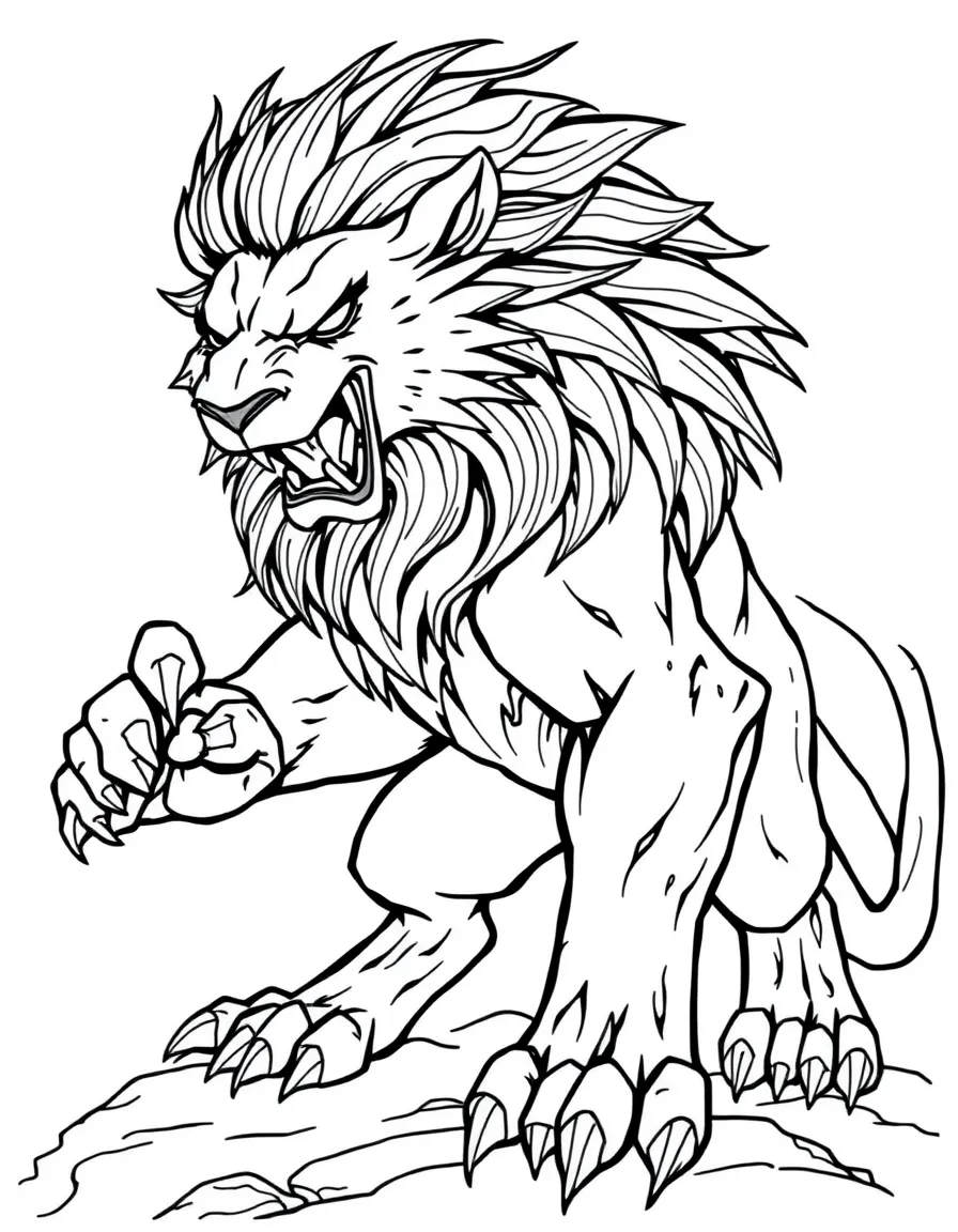 A manticore with a lion's body in powerful hunting stance