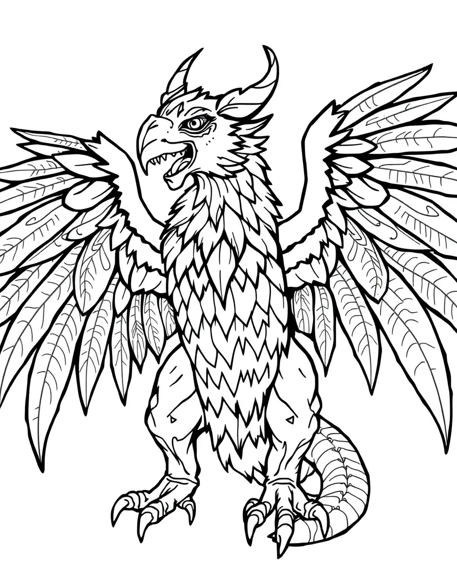 A manticore with wings spread wide showing detailed patterns