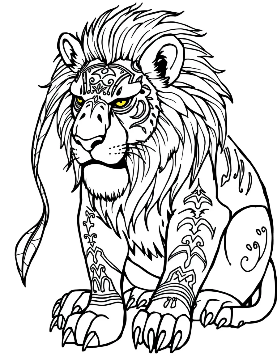 A manticore with tribal scarification and marking on its lion body