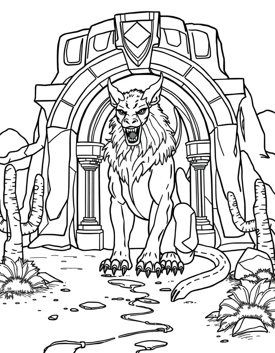 A manticore guarding a desert temple entrance