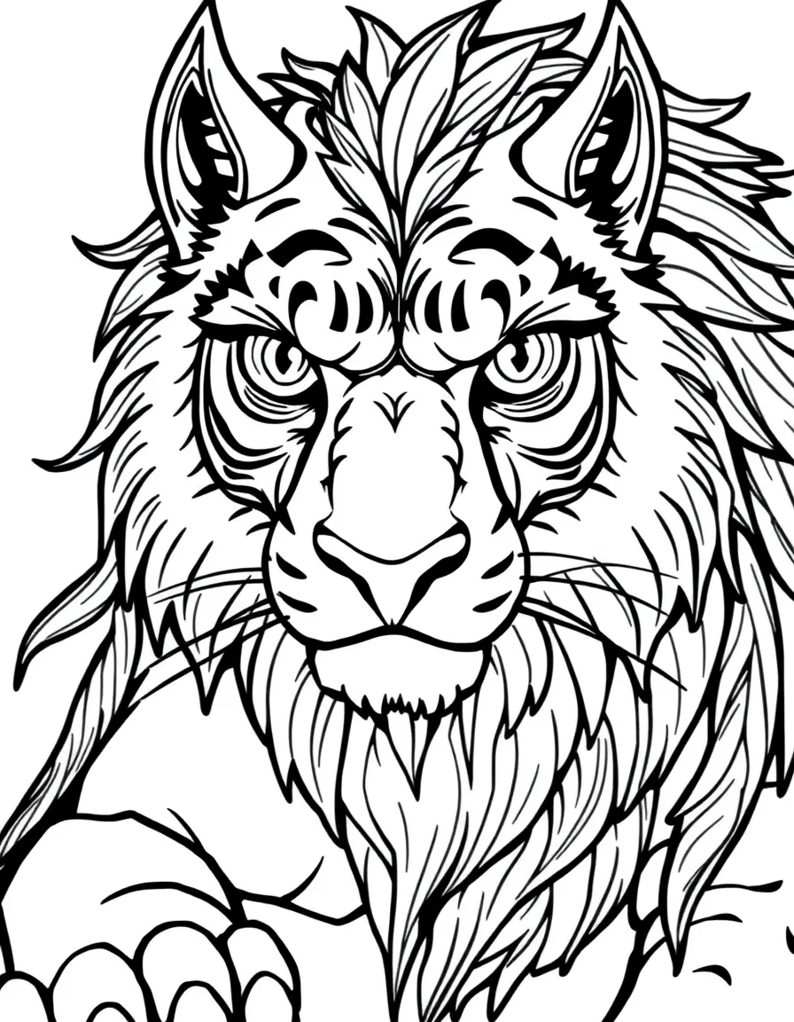 A manticore with human-like eyes full of intelligence