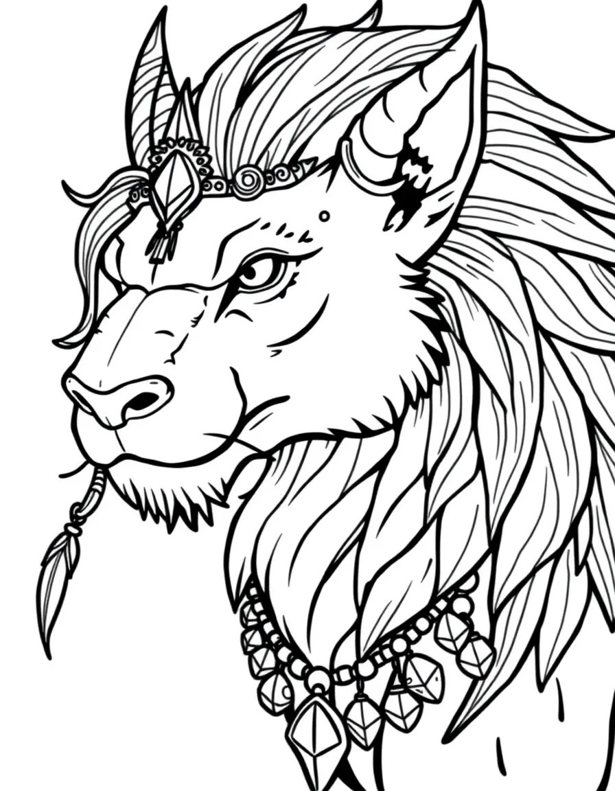 A manticore with jewelry pierced through its mane and ears