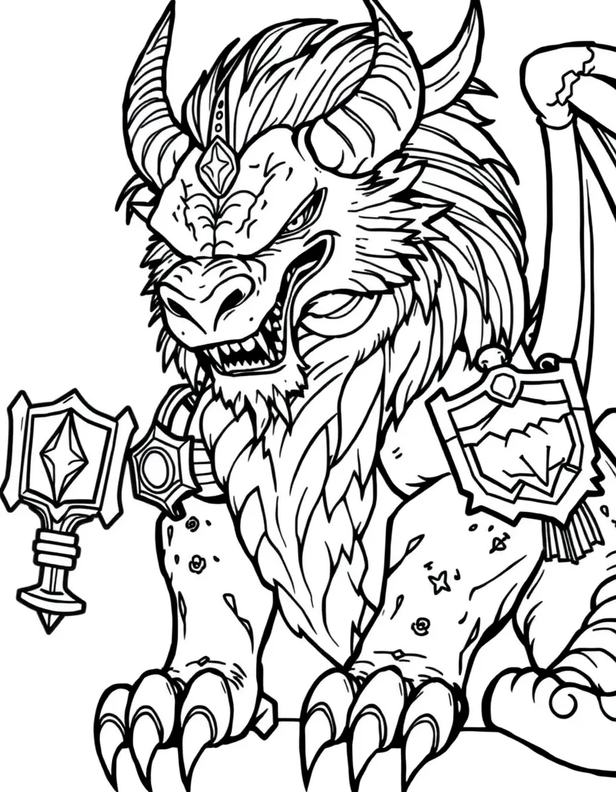 A manticore with battle scars and trophies of past victories