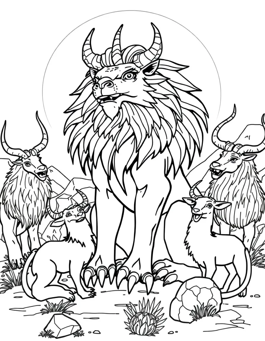 A manticore surrounded by desert animals that serve it