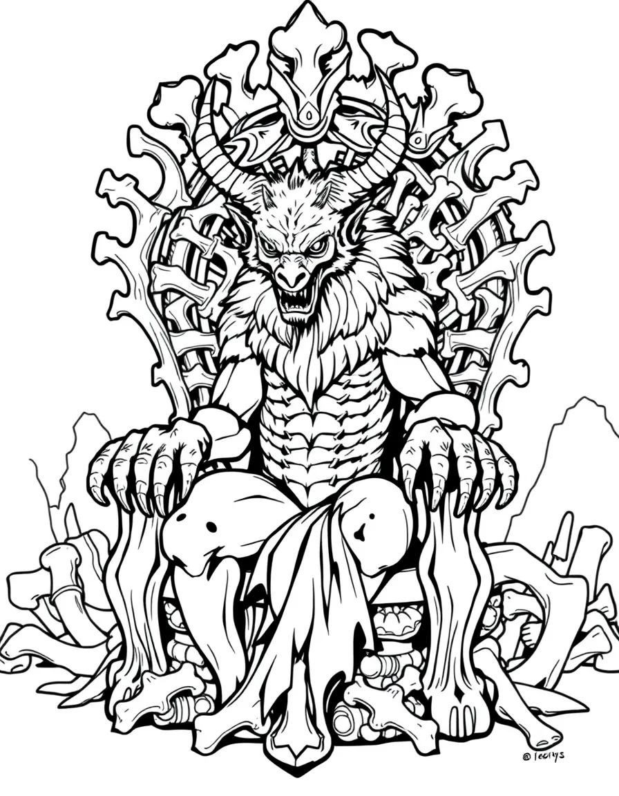 A manticore with an elaborate throne made of bones