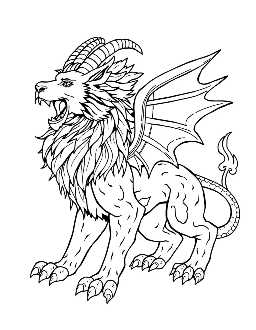 A chimera with detailed lion, goat, and serpent parts clearly defined