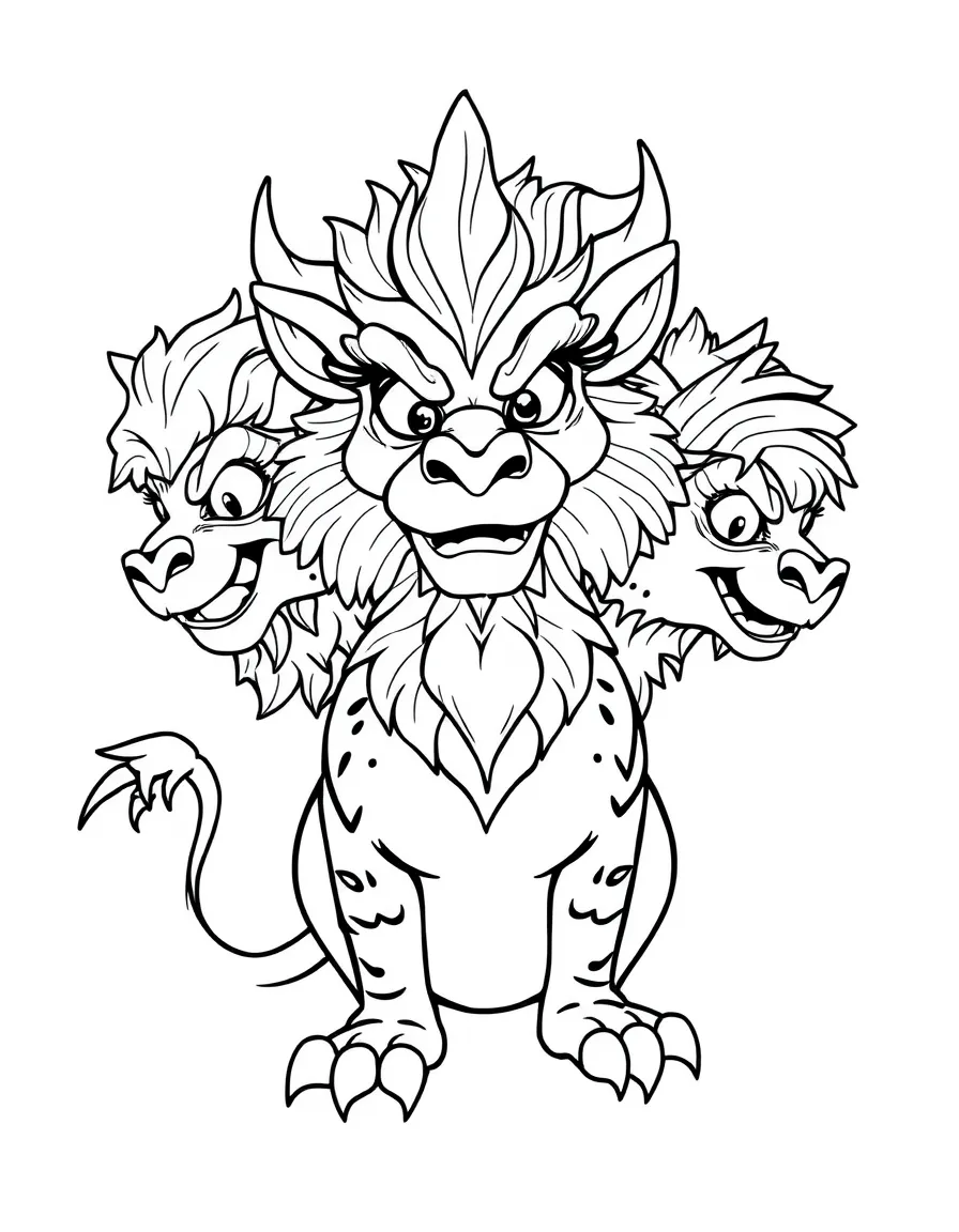 A chimera with each head showing a different emotion