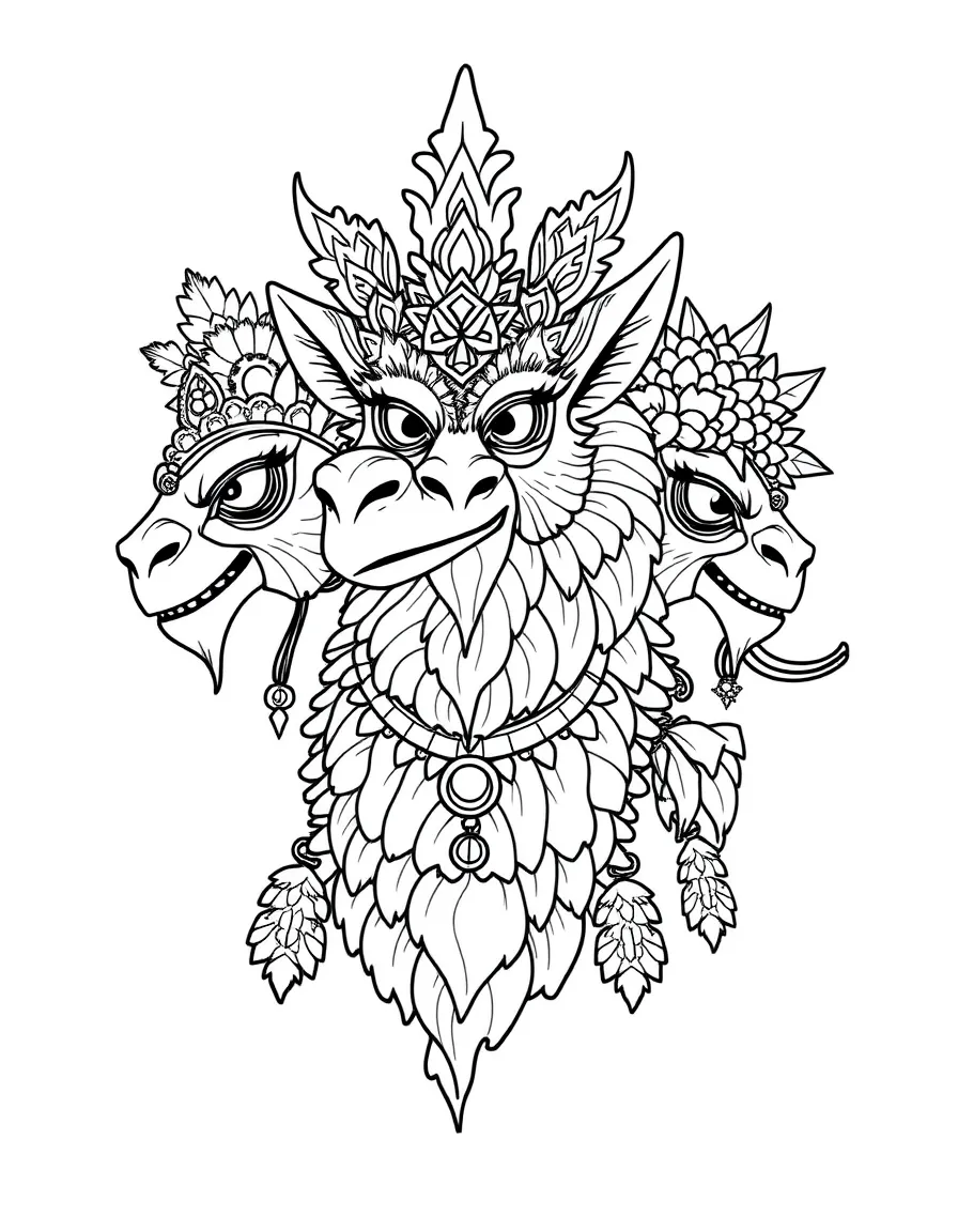 A chimera with each head wearing different decorative elements