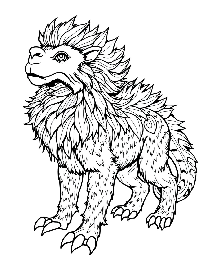 A chimera showing the distinct fur, hair, and scale textures