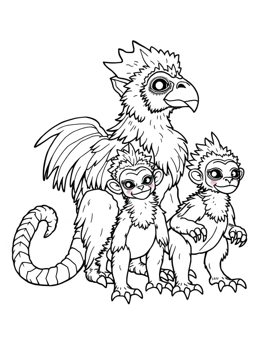 A chimera family with young showing different combinations of parts