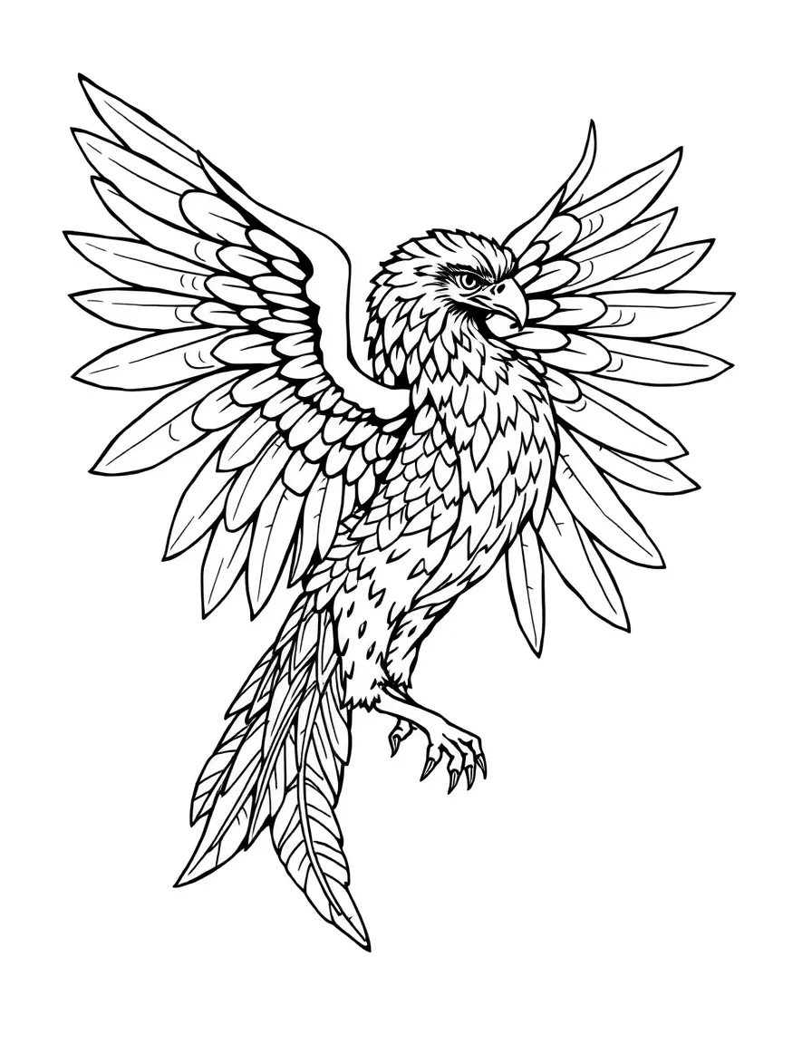 A harpy with intricately patterned wings and tail feathers