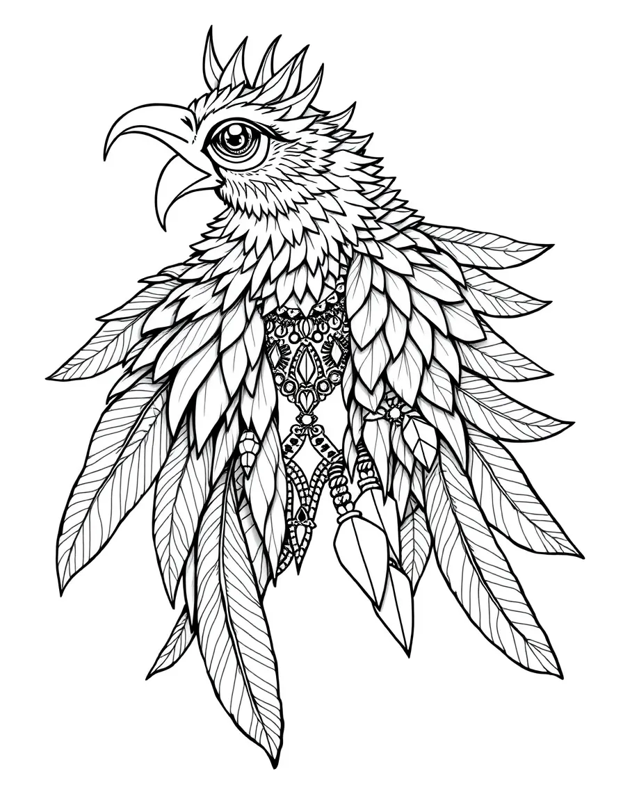 A harpy with jewelry and decorative items woven into feathers