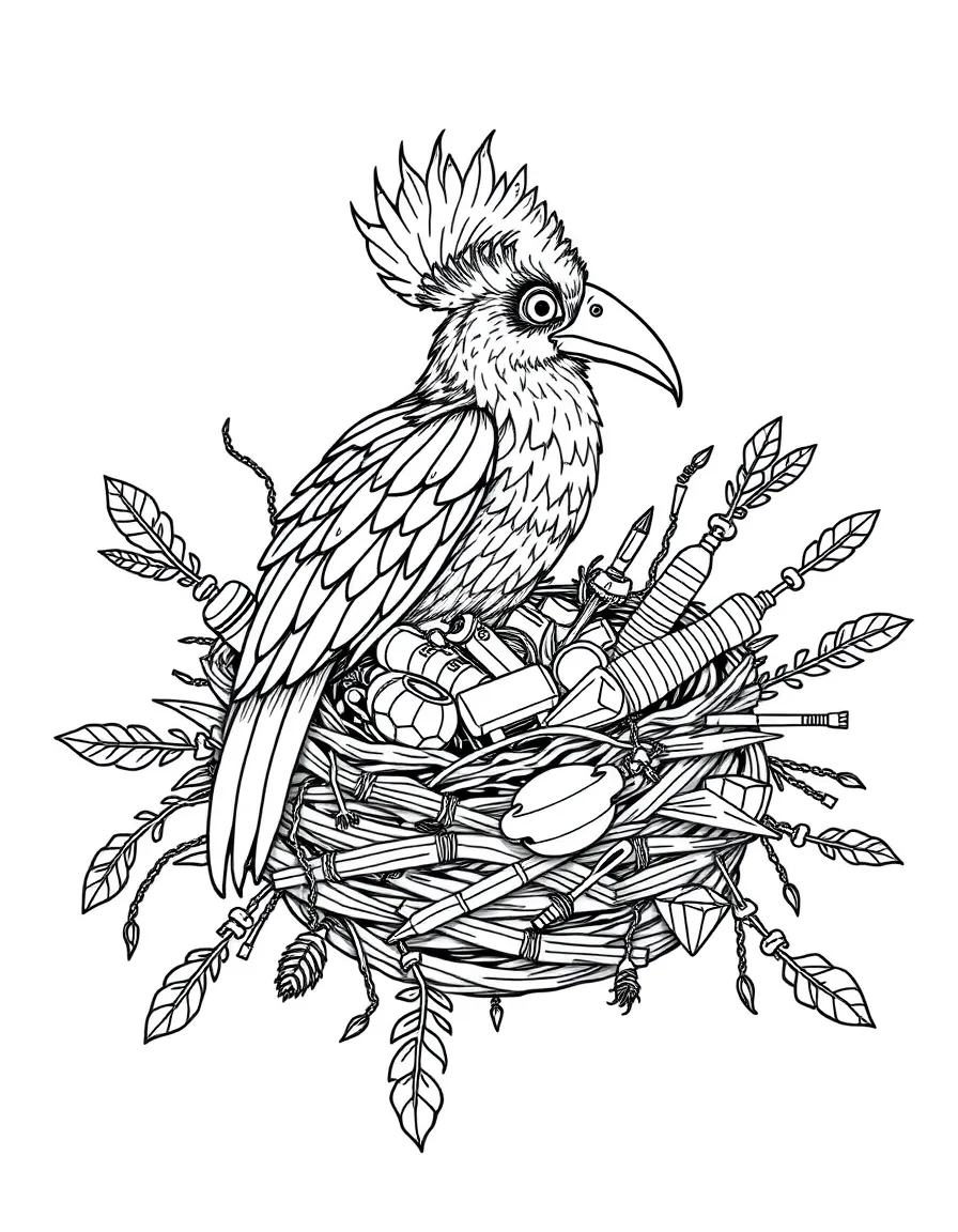 A harpy with a nest made of unusual objects and treasures