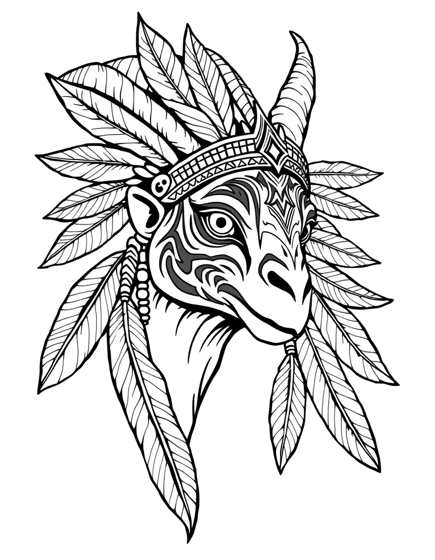 A harpy with tribal face paint and feather decorations
