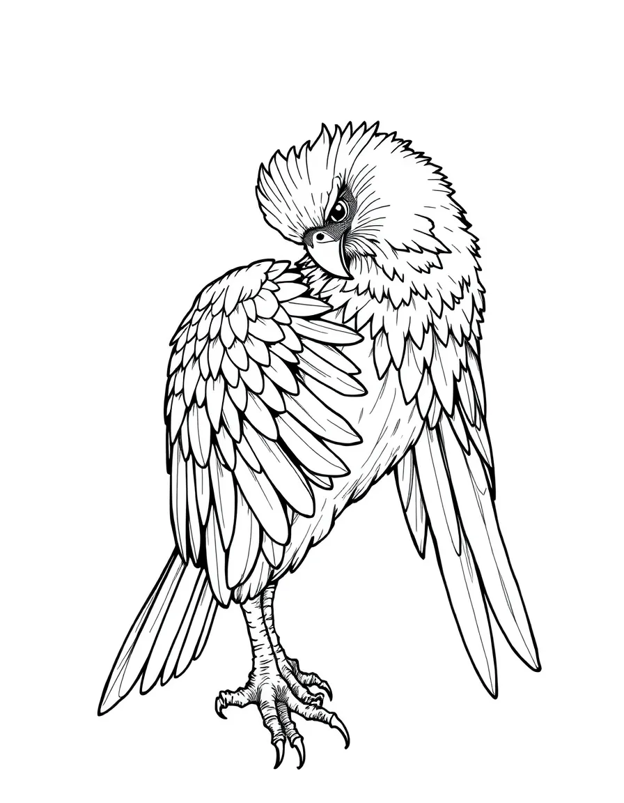 A harpy grooming her wing feathers in a detailed pose