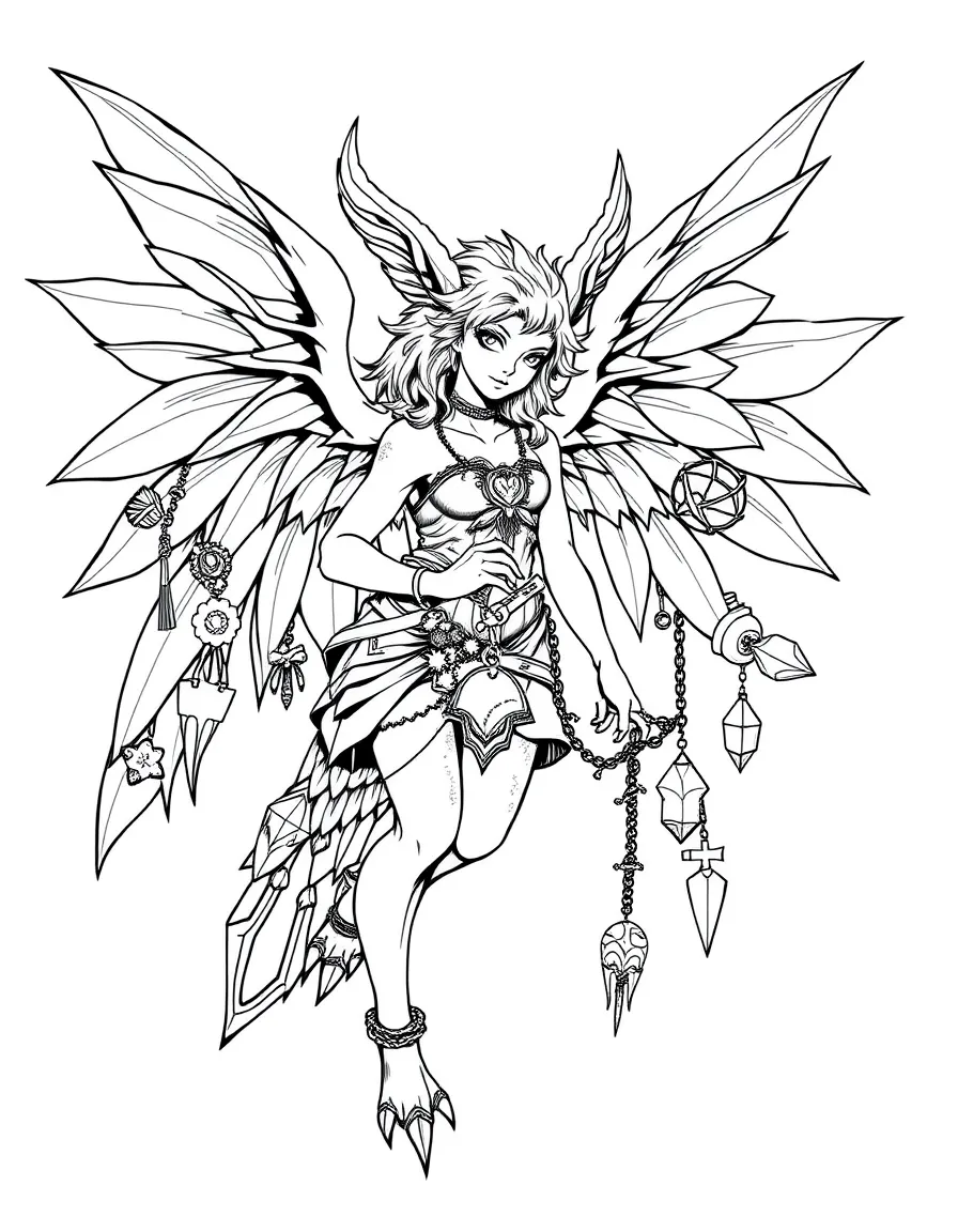 A harpy with various stolen trinkets attached to her wings