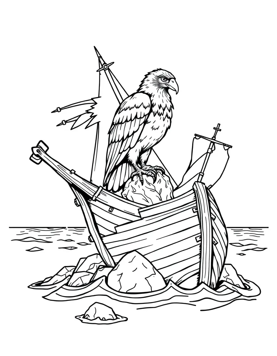 A harpy perched on a shipwreck jutting from the sea