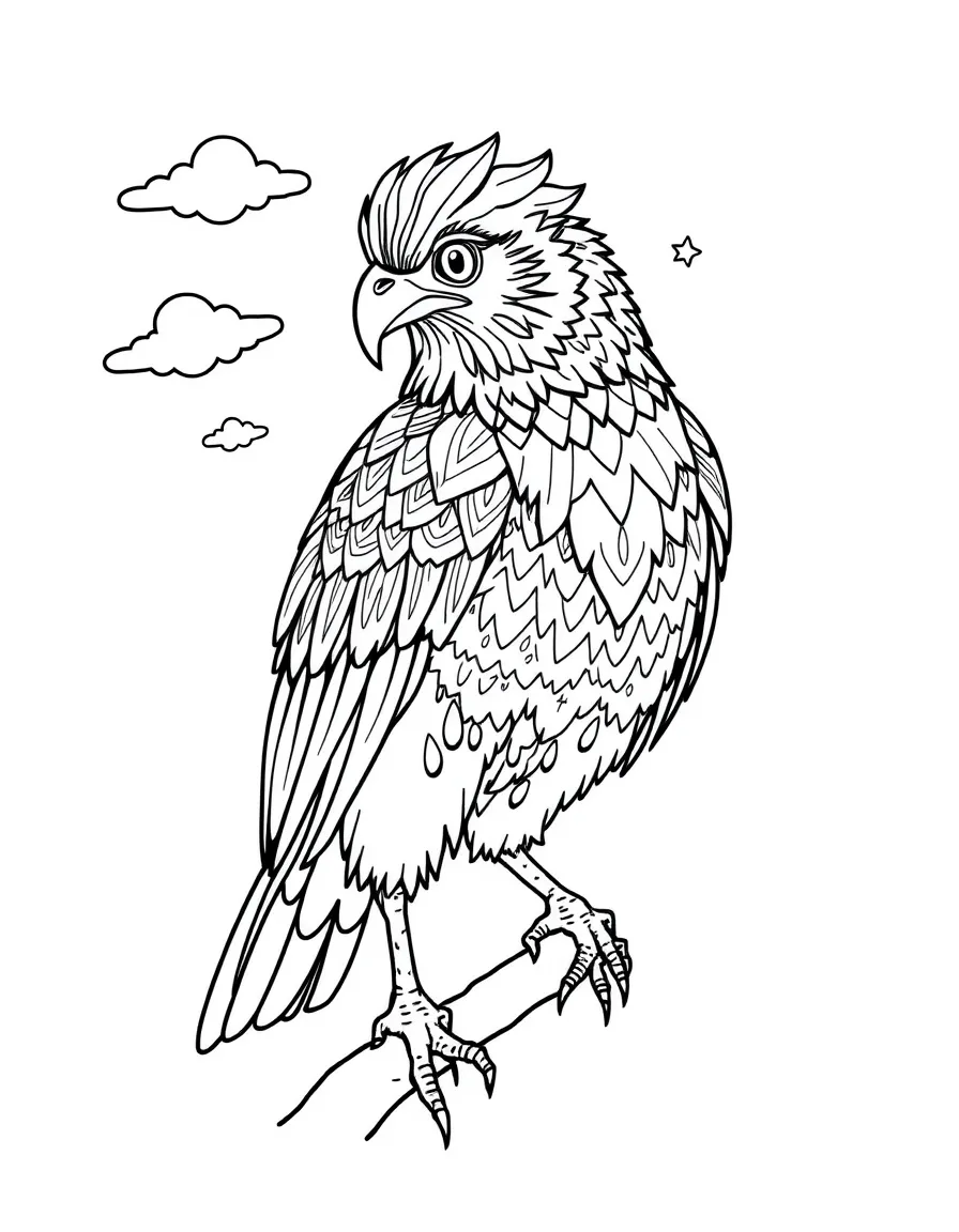 A harpy with weather-related patterns in her feathers