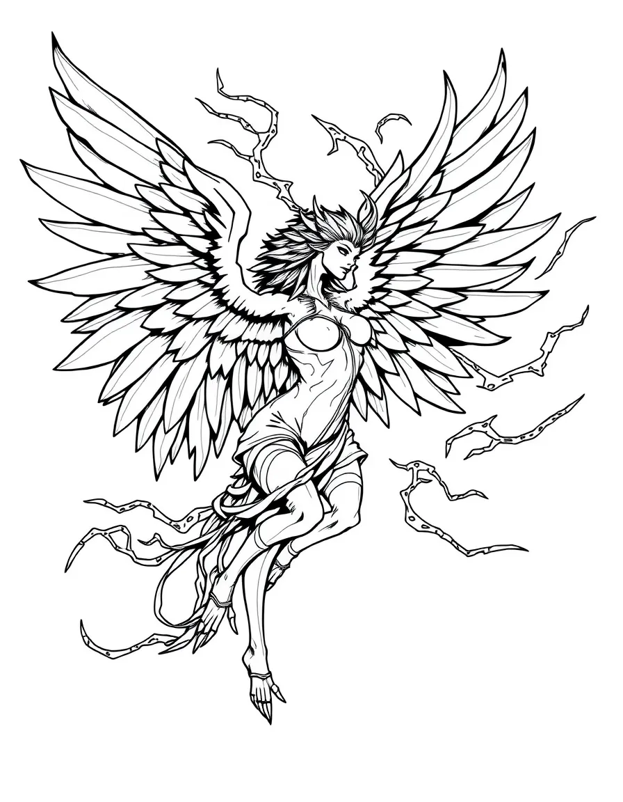 A harpy using her wings to create a powerful windstorm
