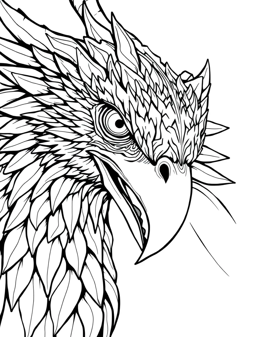A harpy's face in close-up, showing both beautiful and fierce aspects