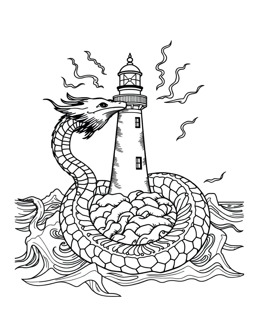 A sea serpent coiled around a lighthouse in a storm