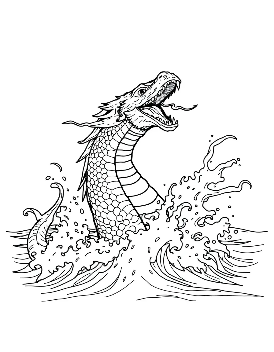 A sea serpent breaching, creating a spectacular water display