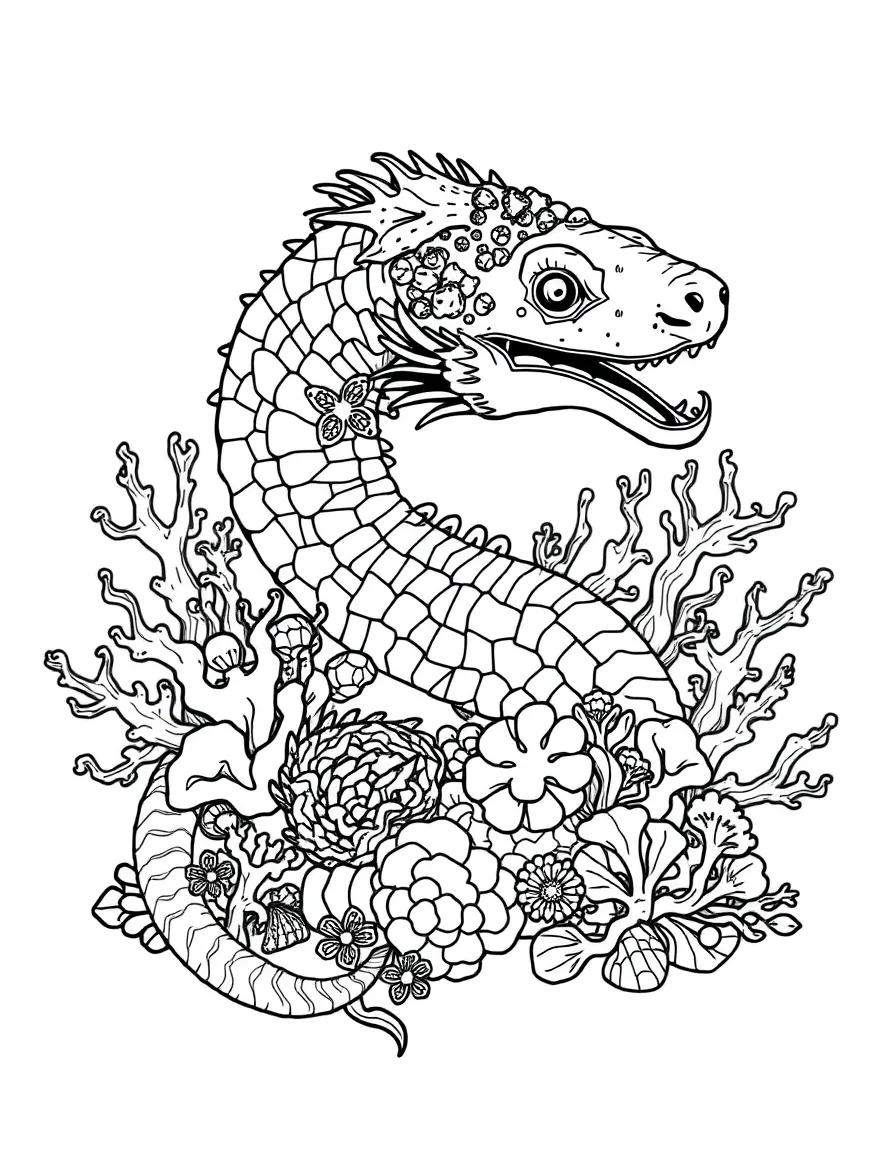 A sea serpent with coral and sea life growing on its ancient scales