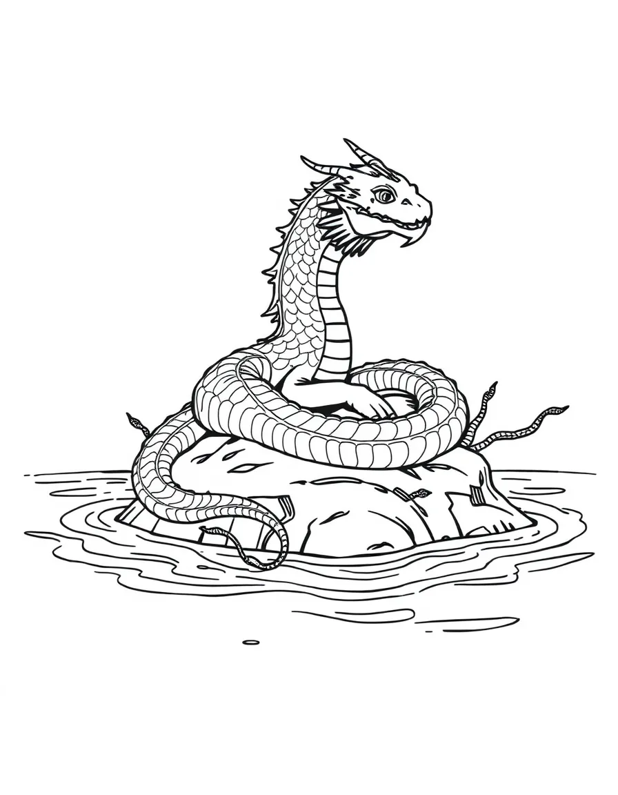 A sea serpent resting on an island, partly in and out of water