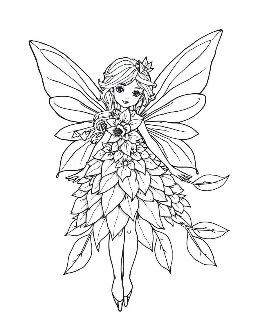 A fairy with clothes made from flower petals and leaves