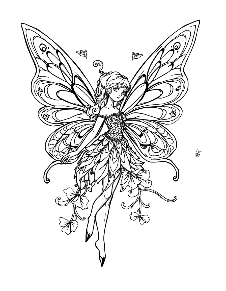 A fairy with butterfly wings in elaborate color patterns