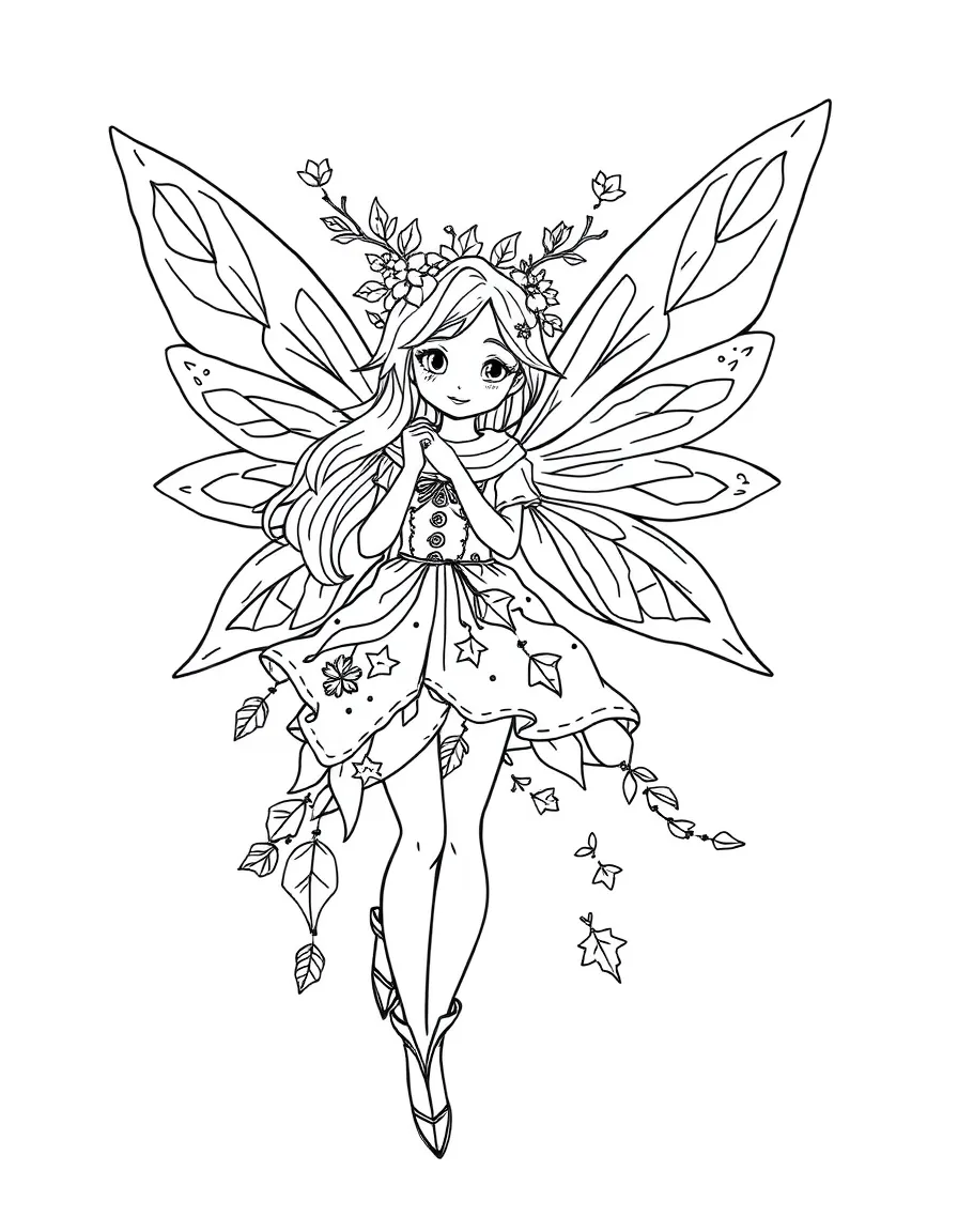 A fairy with seasonal themes in clothing and wings