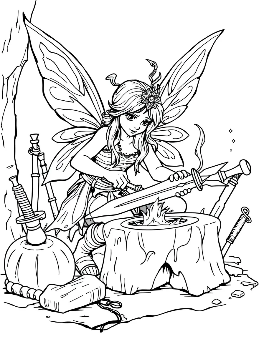 A fairy blacksmith creating tiny weapons and tools