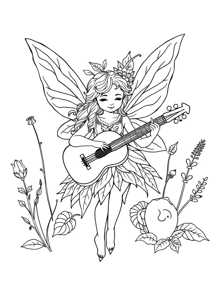 A fairy with musical instruments made from natural objects