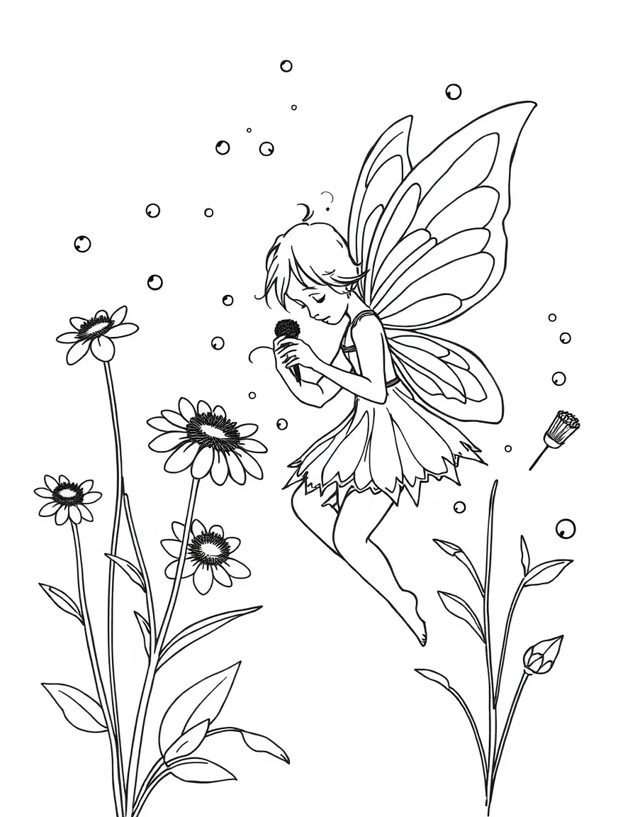 A fairy creating art by arranging pollen and dewdrops