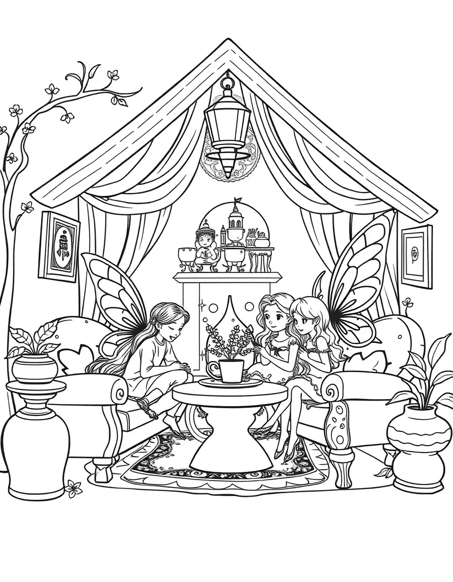 A fairy family in their home with detailed furniture