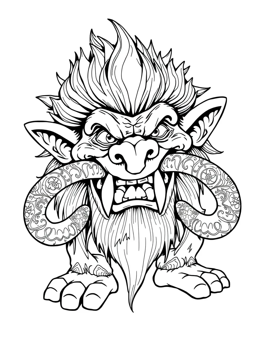 A troll with elaborate patterns carved into its tusks