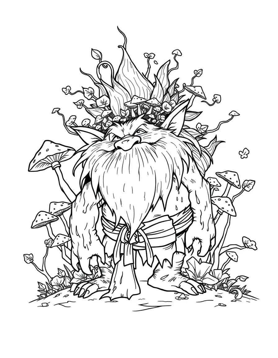 A troll with mushrooms and plants growing from its back