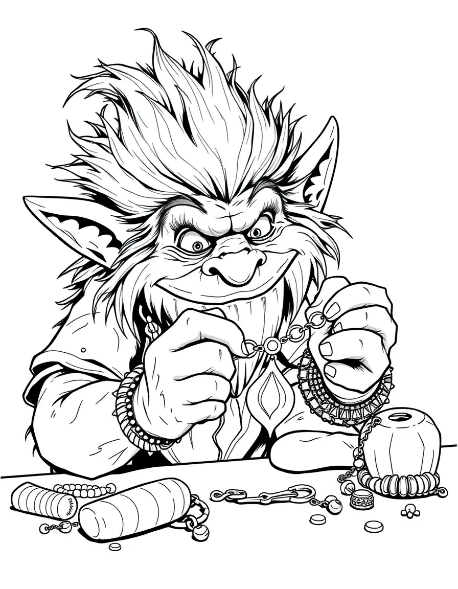 A troll carefully crafting jewelry with surprisingly delicate fingers