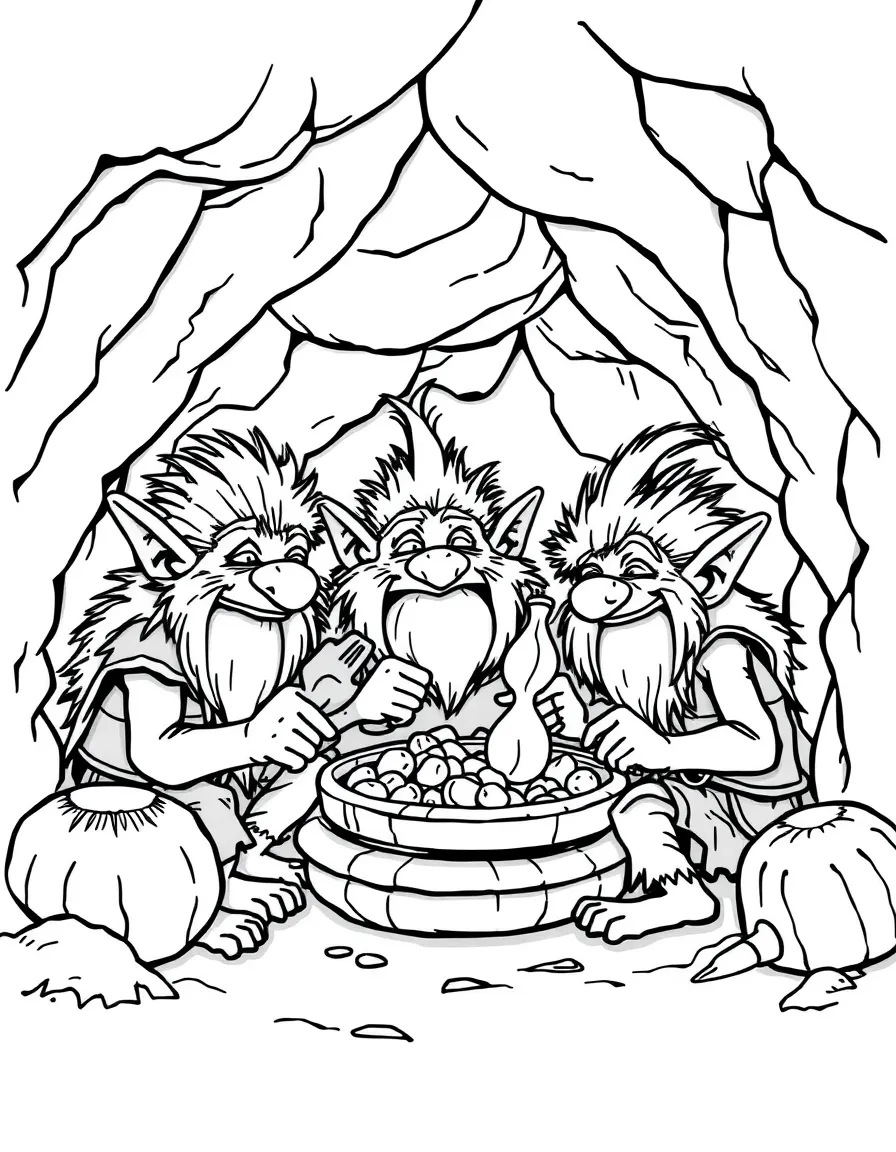 A troll family preparing a meal in their cave home