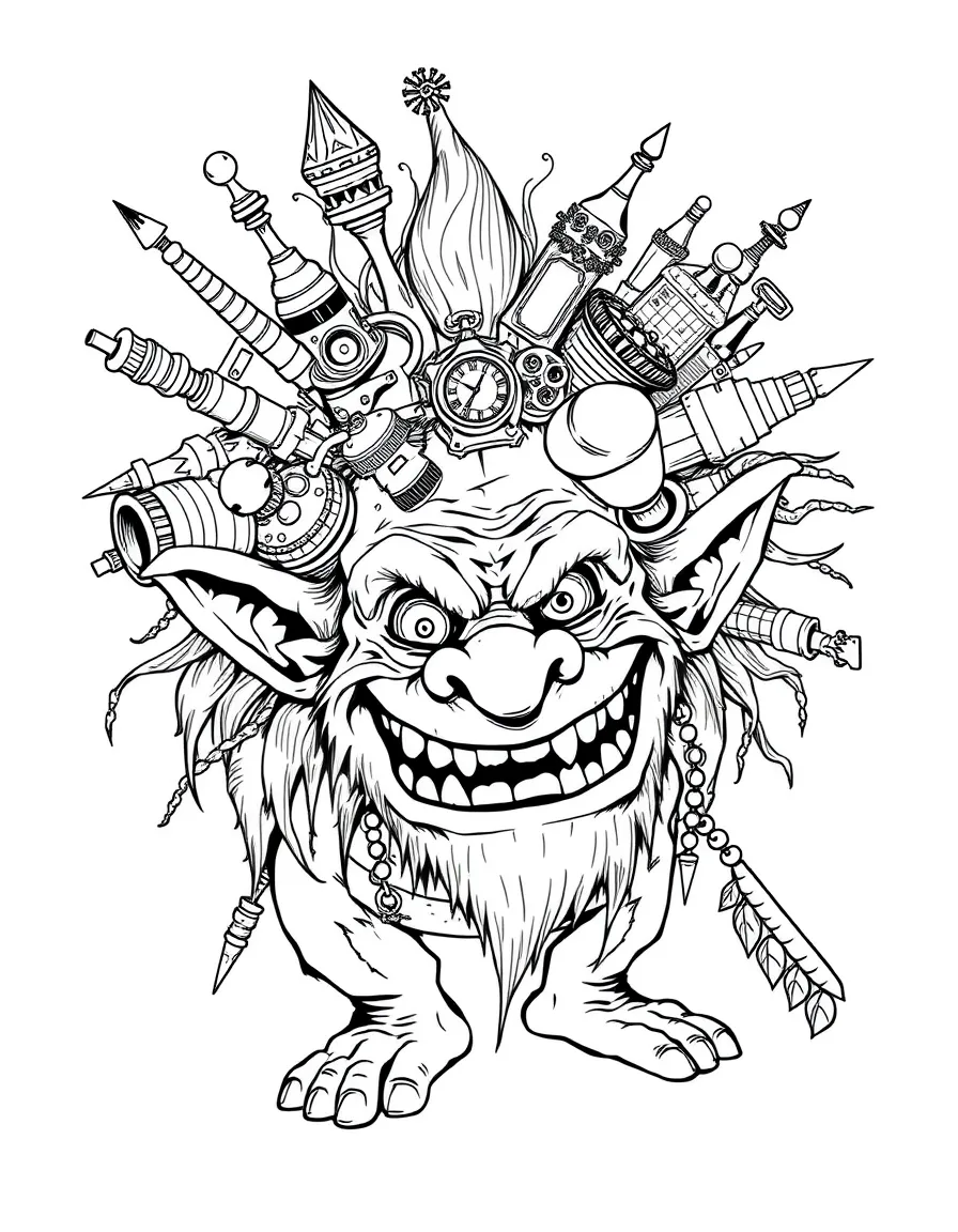 A troll with a collection of bizarre objects in its hair