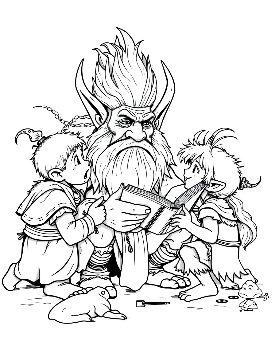 A troll elder telling stories to young ones