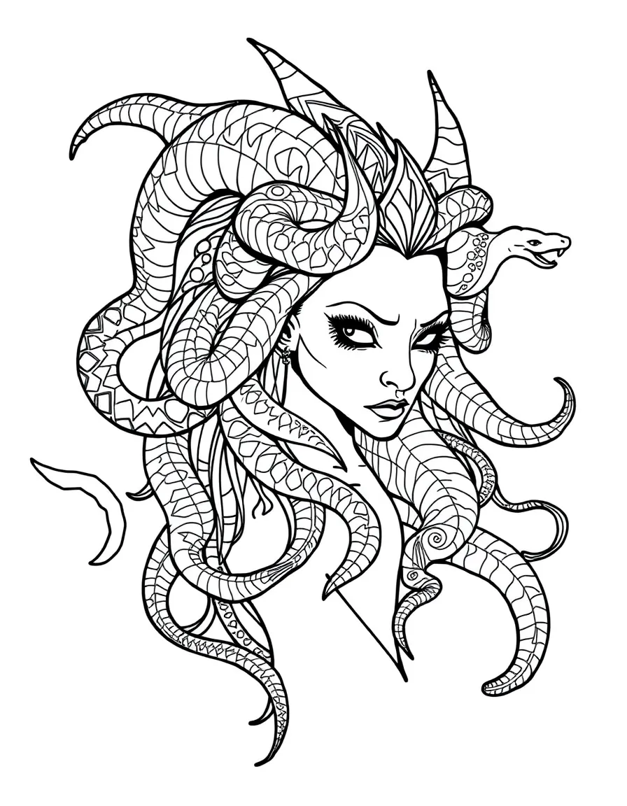 A gorgon with each snake in her hair having a unique pattern