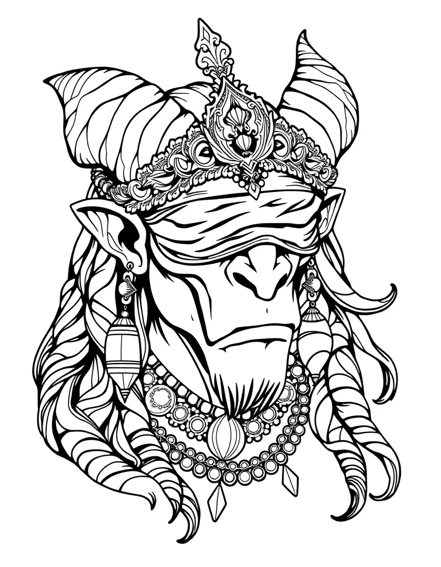 A gorgon with ornate blindfold and jewelry