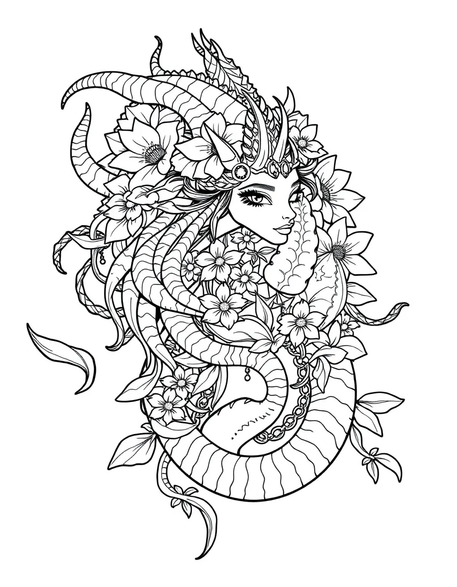 A gorgon whose snake hair is intertwined with flowers or jewels