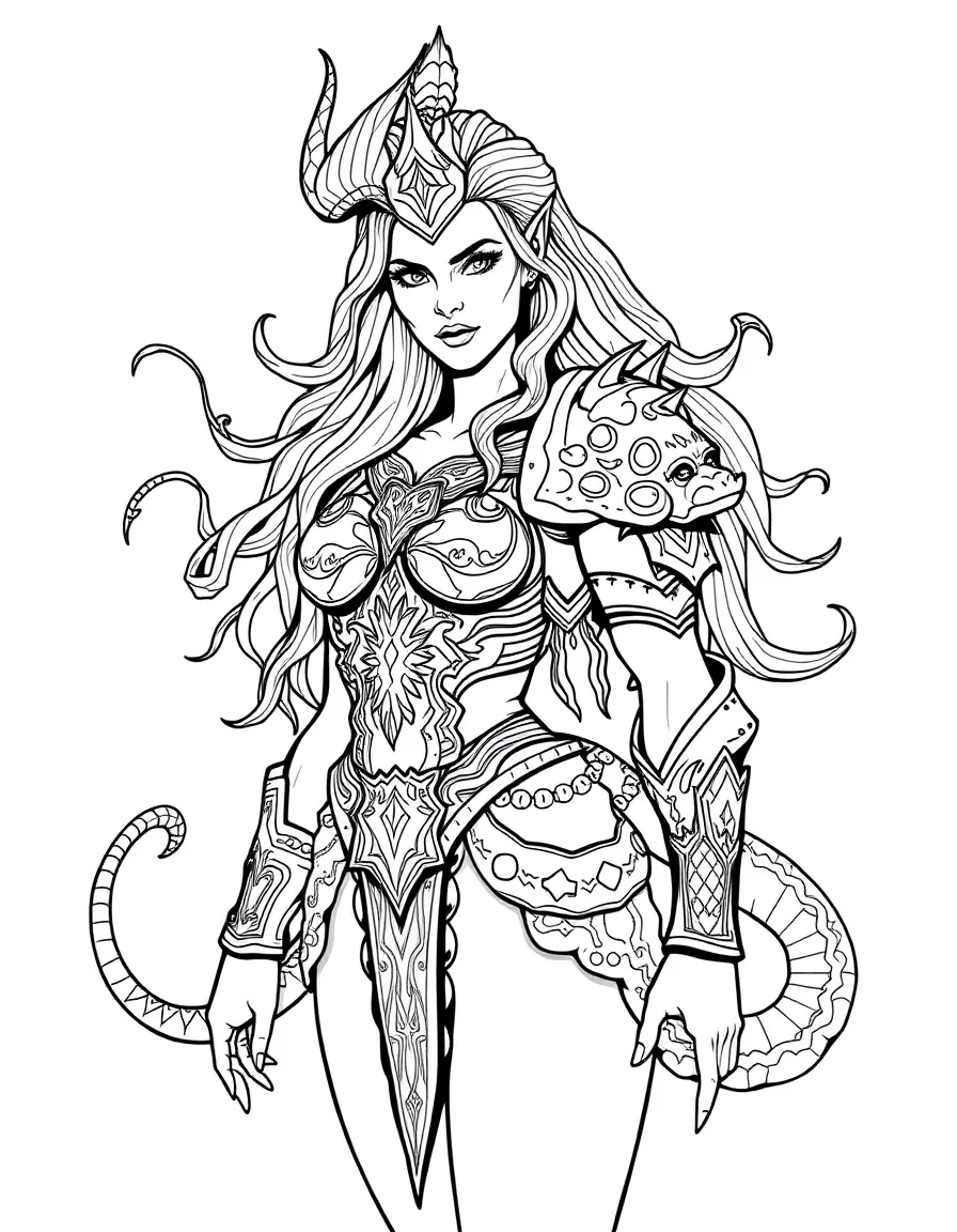A gorgon with decorative snake-inspired armor on her body