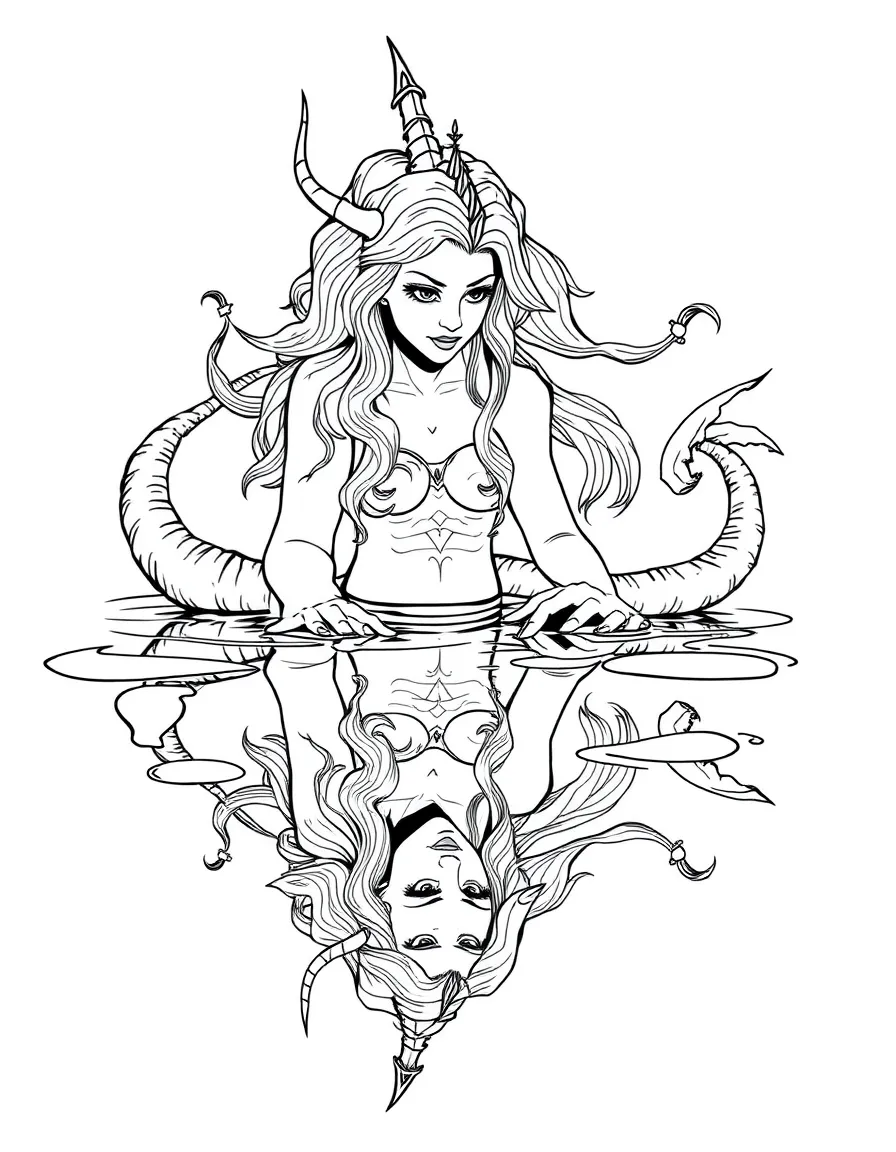 A gorgon whose reflection in water shows her original human form